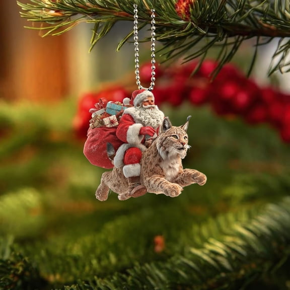 Funny Bobcat Christmas Tree Ornaments, Cute Santa Claus Riding Bobcat Ornament, Car Hanging Decoration Xmas Gifts for Girls Women Kids Wild Animal Lovers Grandkids, Stocking 3.5in