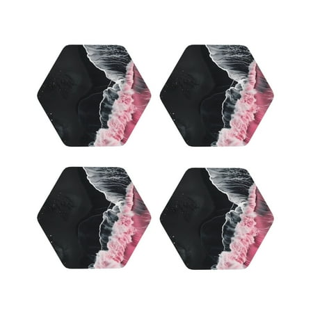 

Leather Coasters Set of 4 - Pink White Ocean Waves Lightweight Non-Slip Drink Coasters for Desk Anti-Scalding Desk Cup Coasters for Office Table Decor Hexagon