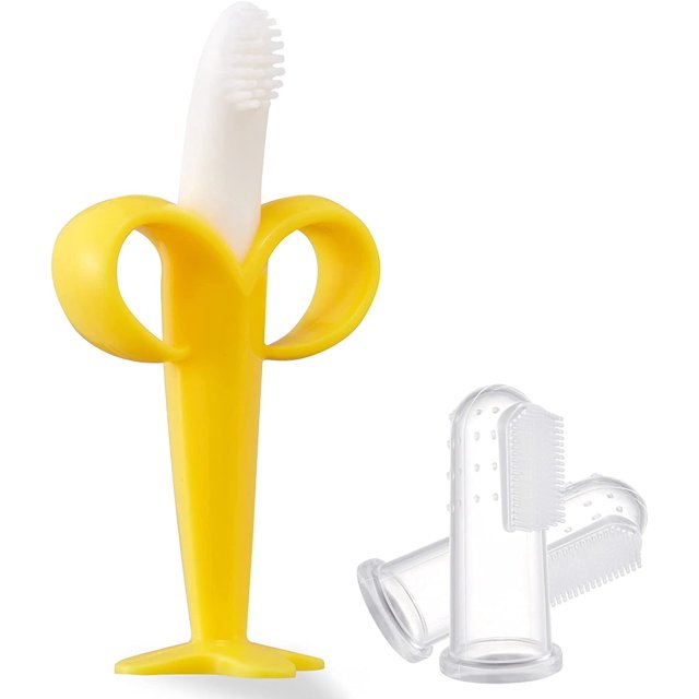 Baby Toothbrush and Banana Toothbrush,Silicone Infant Training Finger toothbrushes with Storage Case(1 teether and 2 Finger toothbrushes)