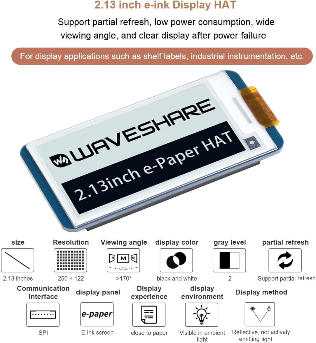 2.13inch E-Ink Display HAT V4 Version, 250x122 Resolution 3.3V/5V Black White Two-Color e-paper Screen Module for Zero/Zero W/Zero WH/2B/3B/3B+/4B, Supports Partial Refresh, SPI Interface