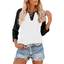 Otntypg Women's Raglan V Neck Summer Baseball Tops 3/4 Sleeve Ladies Button Henley Shirt Trendy Oversized Workout Tunics Color Block Tees Boyfriend Style Blouse Black#02 S