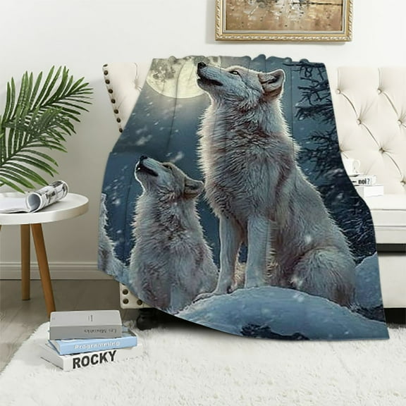 Patifu Wolf Blanket Snow Wolf Gifts for Girls Boys Woman Kids Wolf Lover Throw Moon Night Blankets Soft Blanket Warm Flannel Plush Blankets for Bed Sofa Couch 40x50in