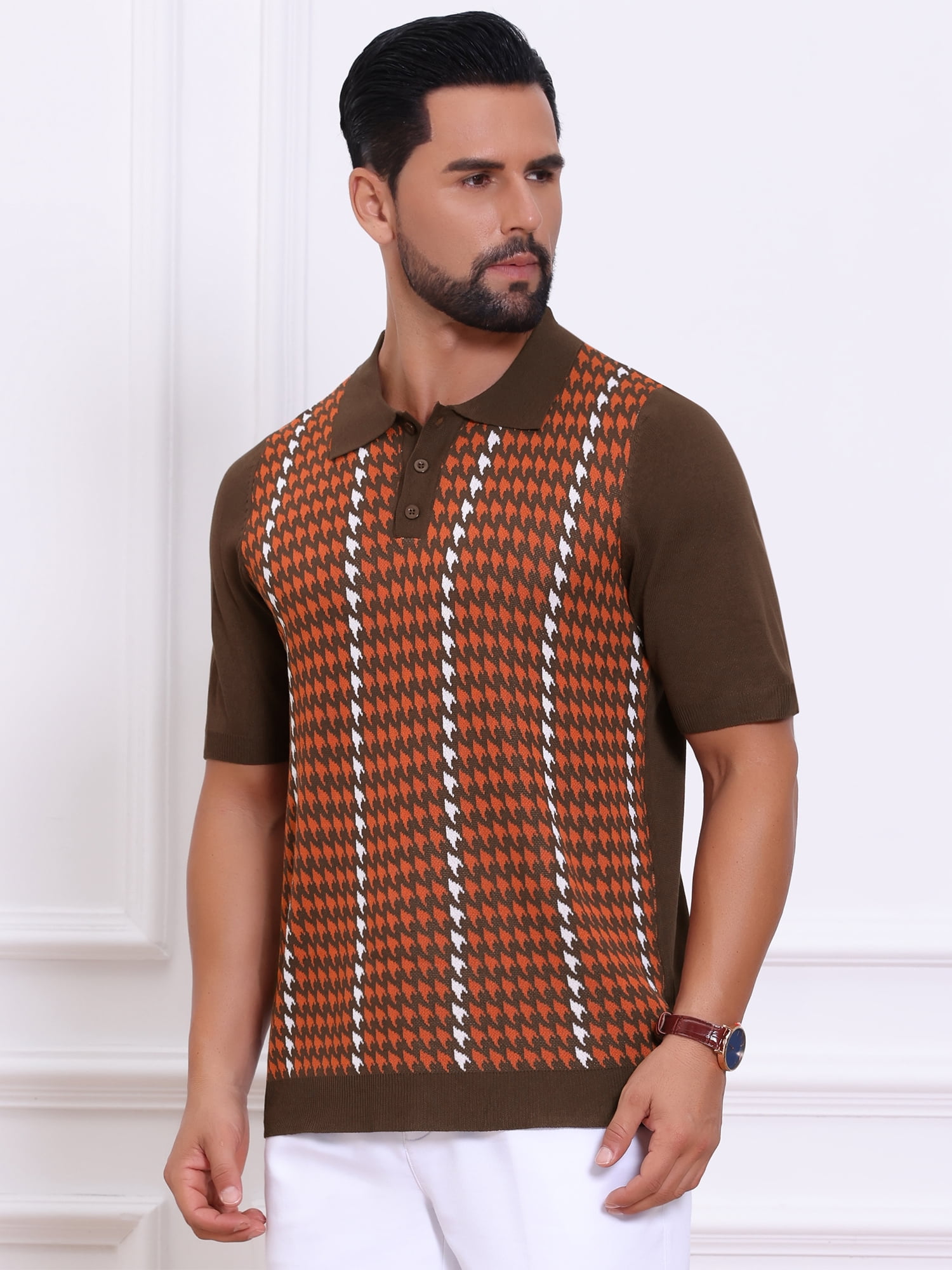 DARING DIVA Men's Houndstooth Summer Short Sleeve Casual Knit Polo Shirt L Brick Red