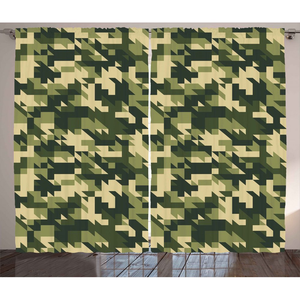 Camo Curtains 2 Panels Set, Abstract Camouflage in Forest Colors Jungle