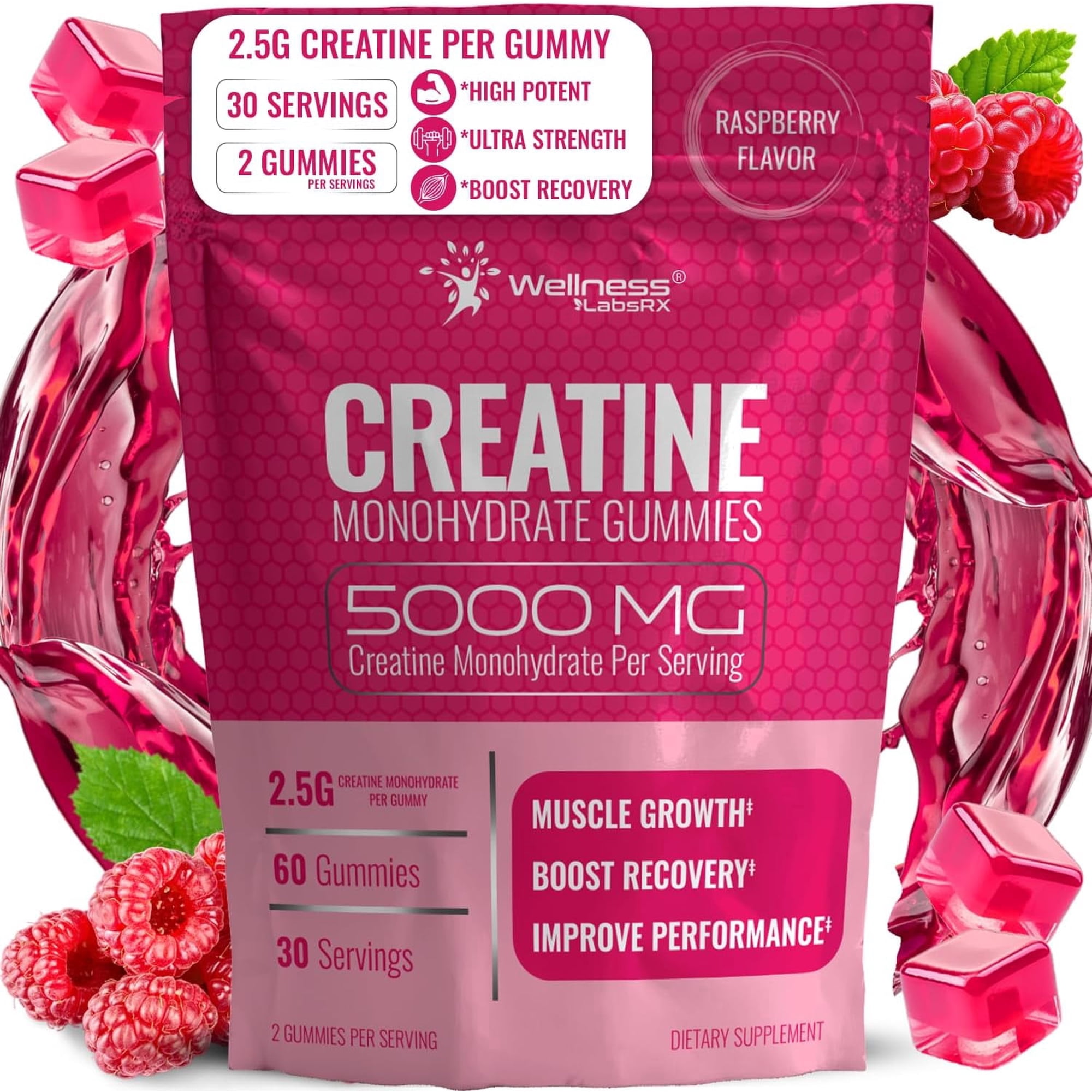 WELLNESS LABSRX Creatine Monohydrate Gummies 5000mg For Men & Women, Raspberry Flavor, 60 Count