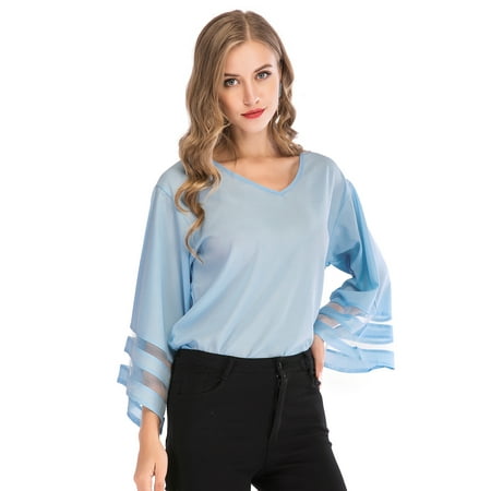 LELINTA Womens Plus Size Chiffon Top V Neck 3/4 Bell Sleeve Blouse Lace Patchwork Loose Shirt S-5XL