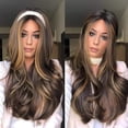 thumbnail image 5 of Long Wavy Ombre Honey Blonde Brown Wig for Women, Synthetic Beach Loose Body Wave Brunette Hair Wig, Dark Root Natural Looking Realistic Ladies Sexy Blond Highlights Wigs, 5 of 5