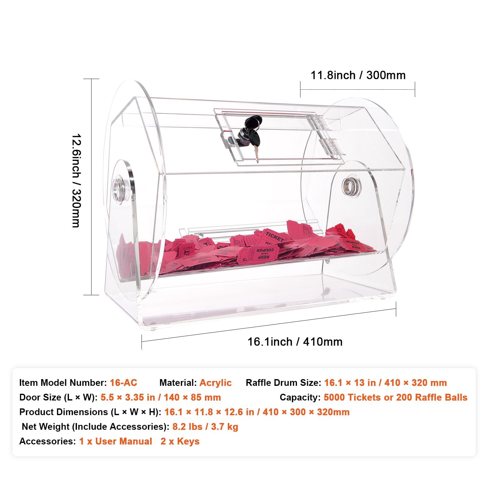 Acrylic Raffle Drum,Professional Raffle Ticket Spinning Cage with 2 Keys, Transparent Lottery Spinning Drawing, Holds 5000 Tickets or 200 Raffle Balls, Raffle Ticket Box for Lottery Games Bingo