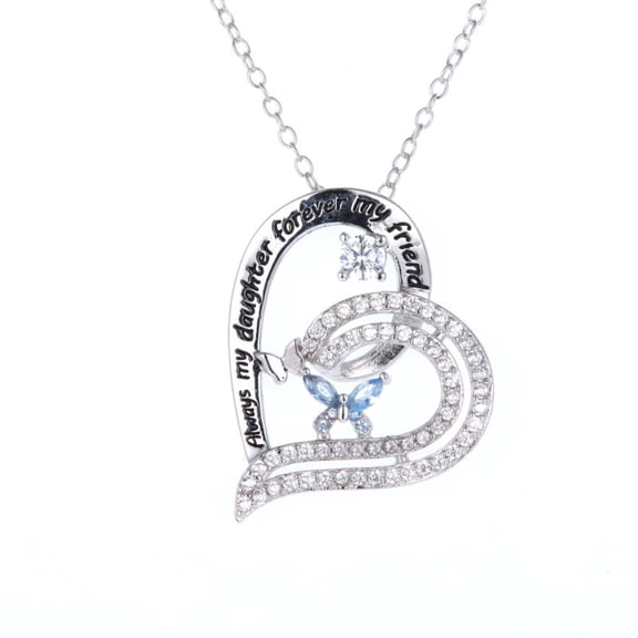 KIJ 925 Sterling Silver Heart Pendant Necklace, White CZ Blue Butterfly 14K White Gold Plated Hypoallergenic Mother's Day Gifts for Women