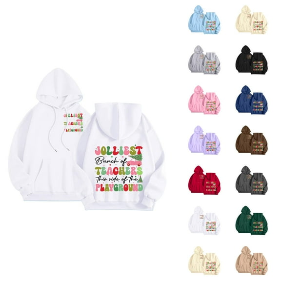 Jolliest Bunch Of Teachers Hoodies for Women Long Sleeve Christmas Graphic Hooded Sweatshirt with Pockets Pullover Top