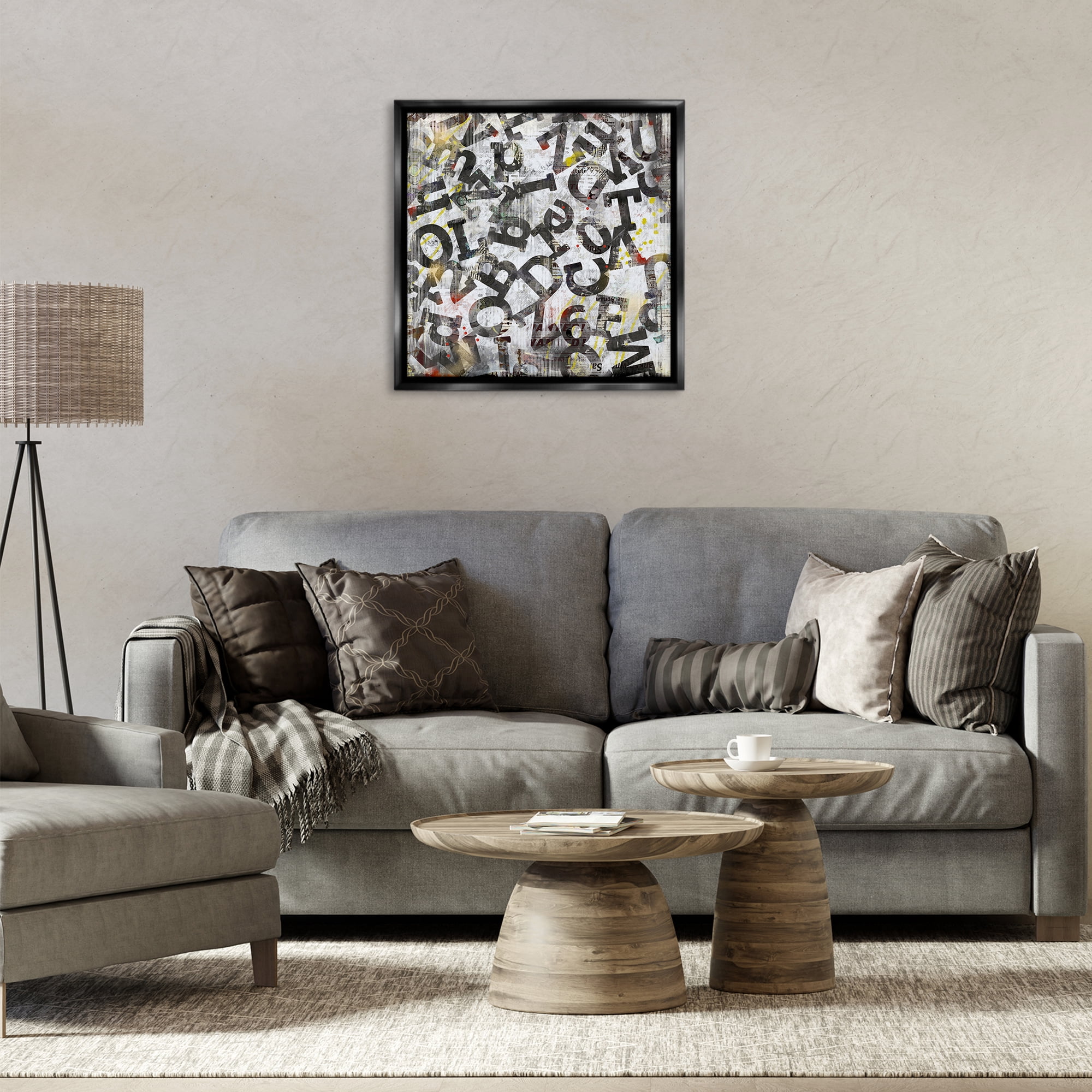 Stupell Industries Collaged Typography Letters Abstract Painting Black Floater Framed Canvas Art Print Wall Art, 25 x 25
