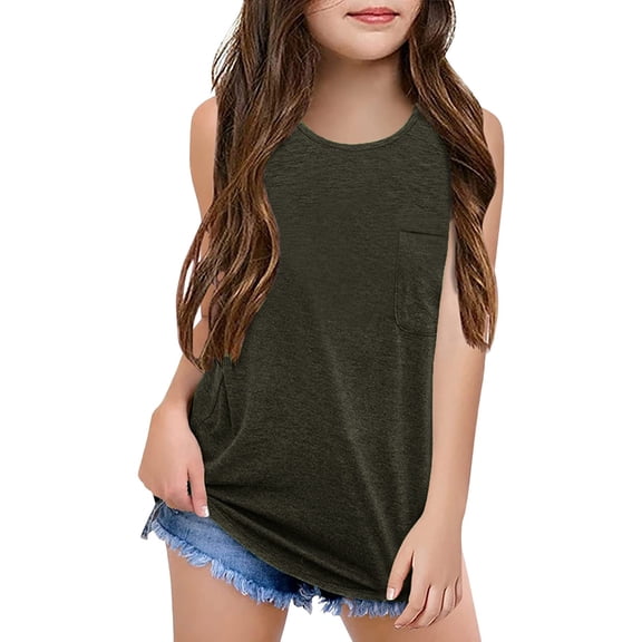 KAUOD Girl's Tank Tops Crewneck Basic Tank Kids Sleeveless Athletic Shirts Casual Dance Gymnastics Top with Pocket Spring Outfits