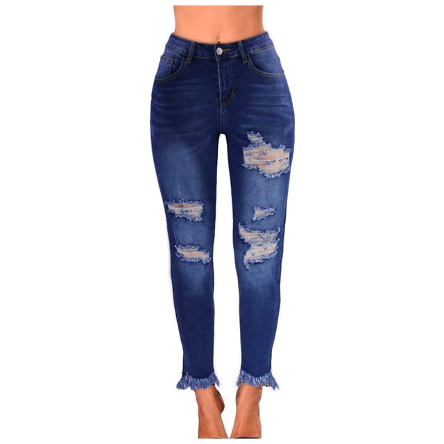 Gubotare Ripped Jeans Women Cuffed Ripped Jeans Y2K Distressed Ripped Skinny Stretchy Denim Pant (Blue,Size L)