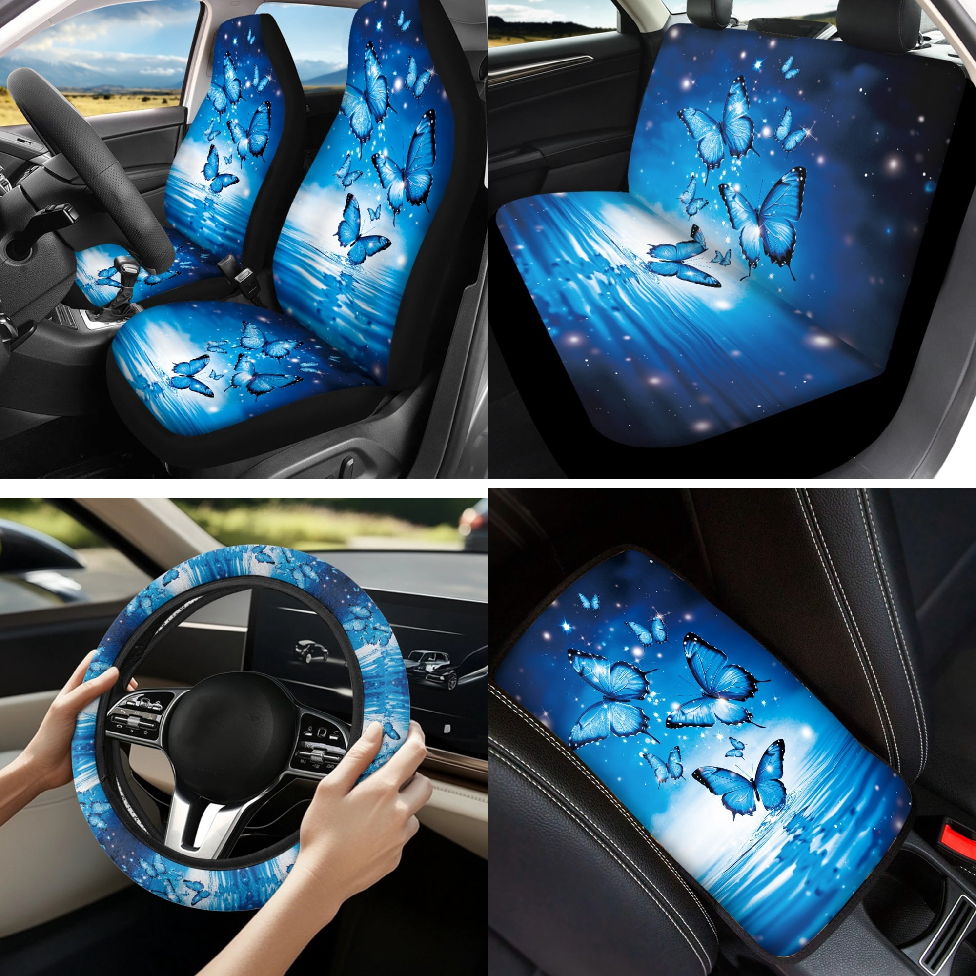 Jeiento Sparkling Butterfly Car Seat Cover Full Set with Steering Wheel Cover Seat Belt Strap Pads Armrest Pad Coasters Keychain Lipstick Holder Blue 13 PCS Automobile Accessory Interior Decor
