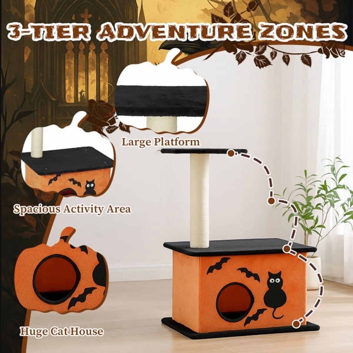 33" Halloween Cat Tree with Spacious Condo & Scratching Post - Orange & Black Cat Tower for Indoor Cats, Large Platform