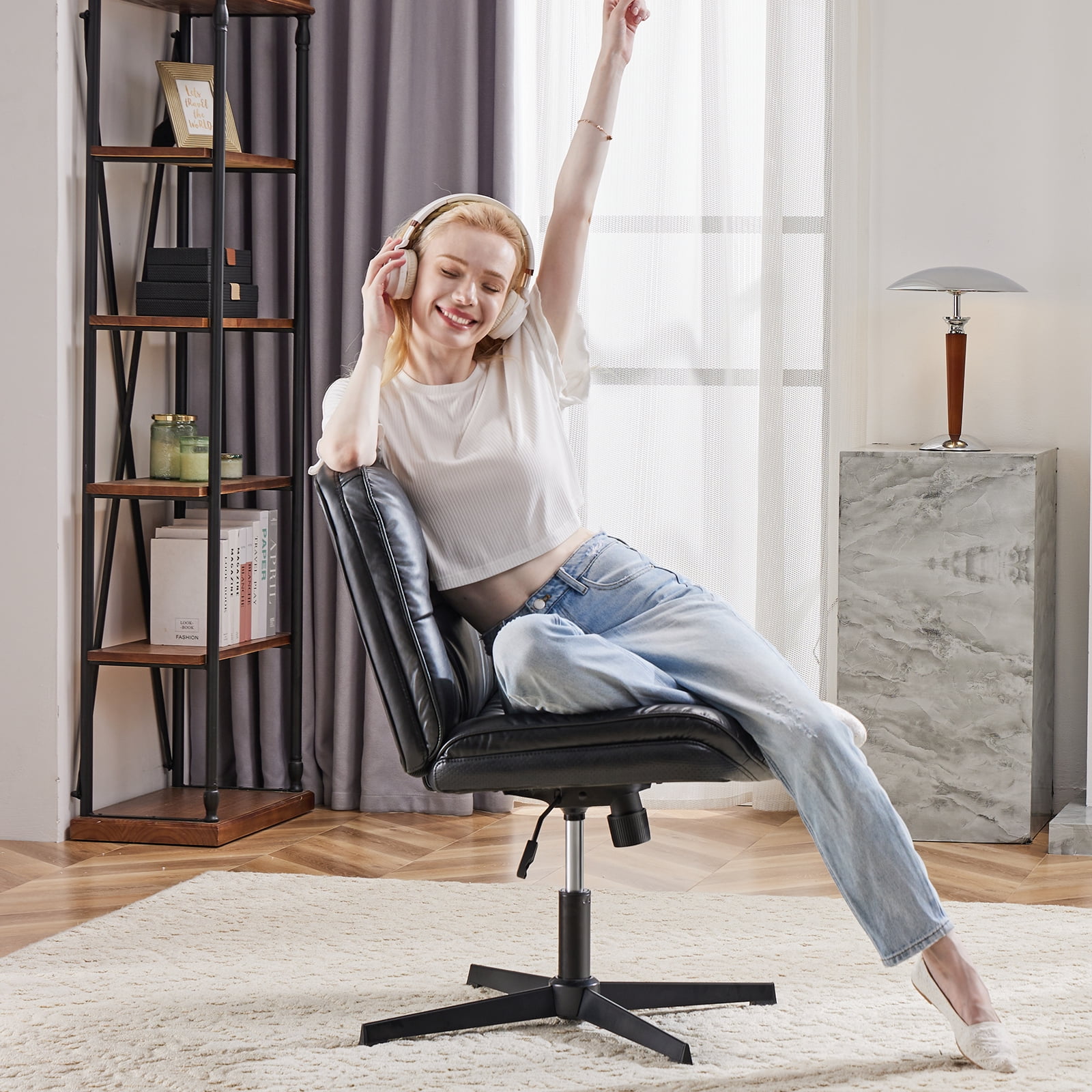 GIANNA Comfy PU Leather Criss Cross Office Chair, Durable and Ergonomic Modern Vanity Chair for Home Office and Study, Without Wheels, Black
