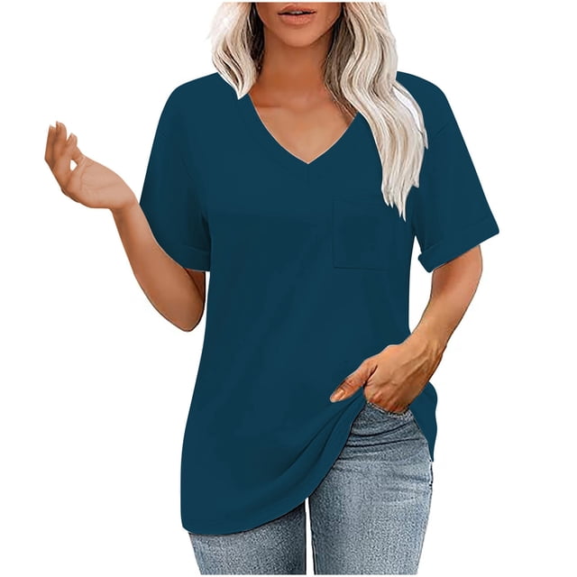 Plebaso T-Shirts à Manches Courtes Col en V pour Femmes avec Poche Tunique Légère Décontractée Unie Blouses pour Femmes
