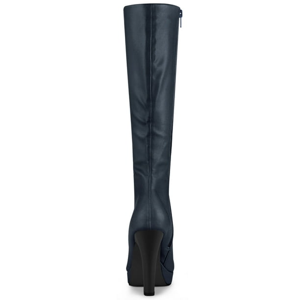 Unique Bargains Women s Chunky Heel Round Toe Platform Knee High Boots Navy Blue Size 11 Walmart