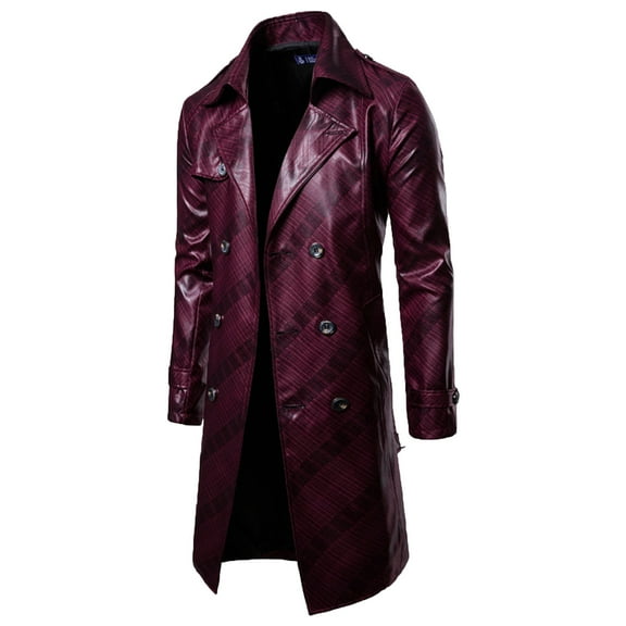 IYTR Mens Mid-length Leather Coat Solid Color Long Sleeve Jacket Button Up Turndown Collar Medieval Retro Leather Coat with Pocket Red XL
