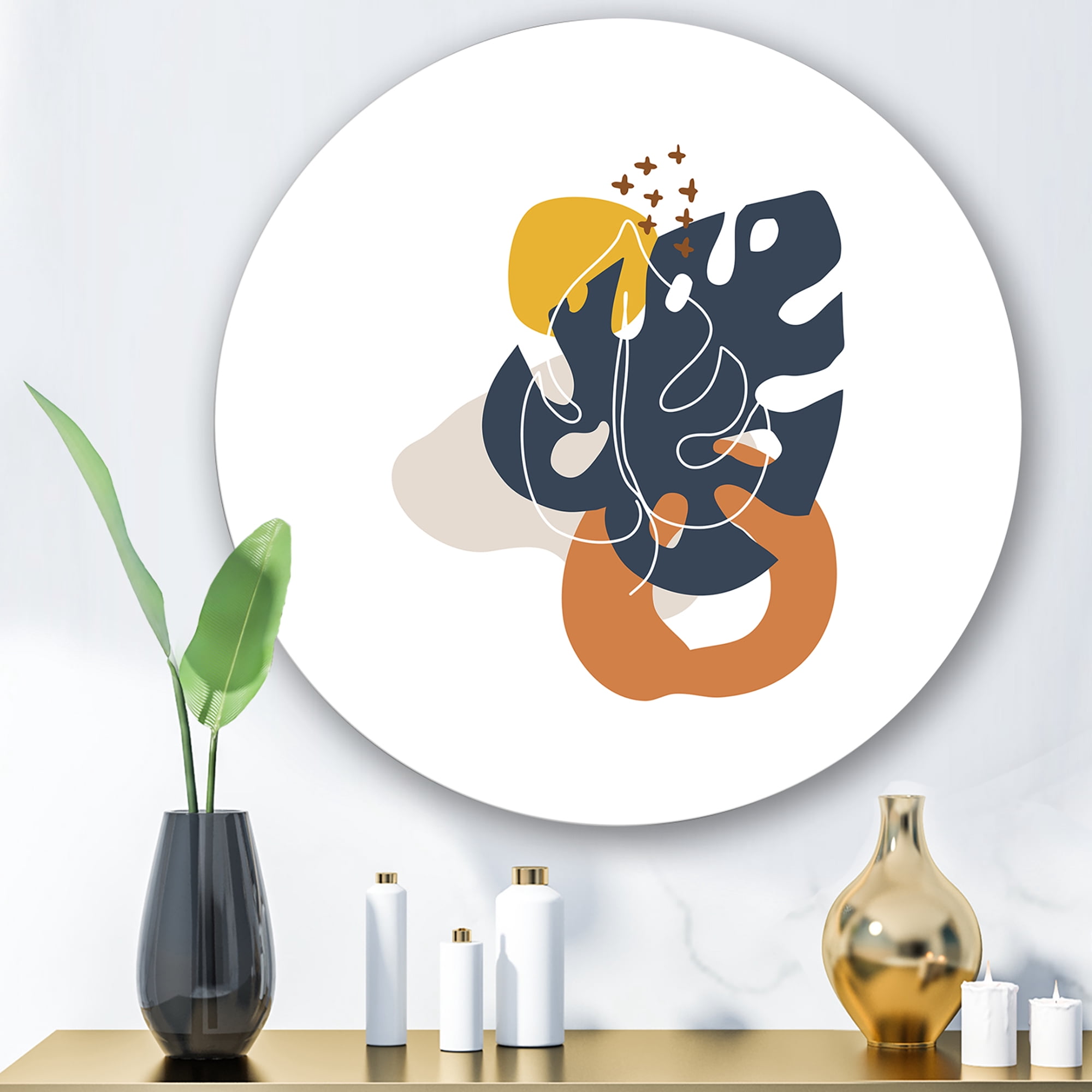 Designart 'Abstract Minimal Shapes Under Flowers IX' Modern Circle Metal Wall Art 11x11 - Disc of 11