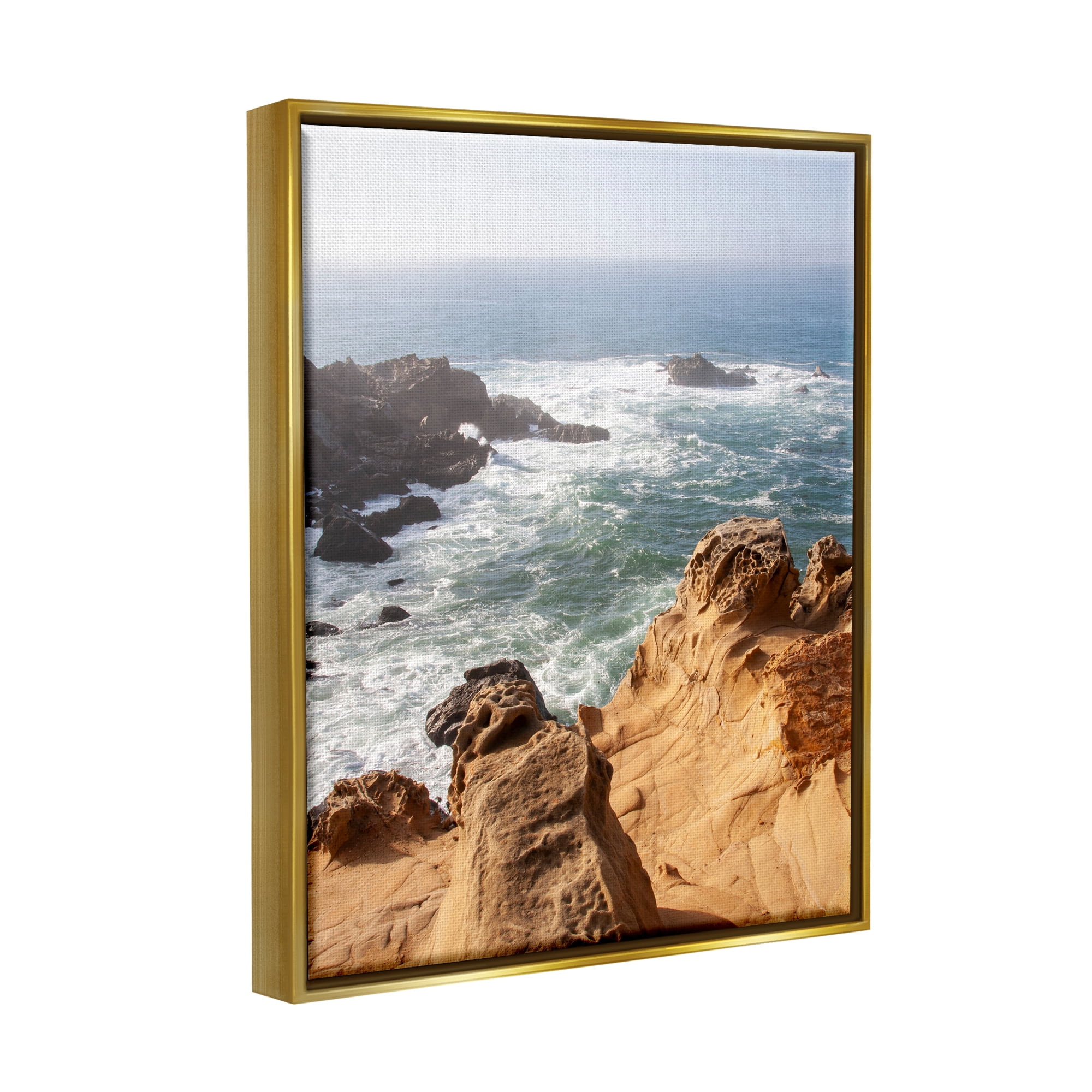 Stupell Industries Sea Cove Splashing Waves Landscape Photography Gold Floater Framed Canvas Art Print Wall Art, 25 x 31