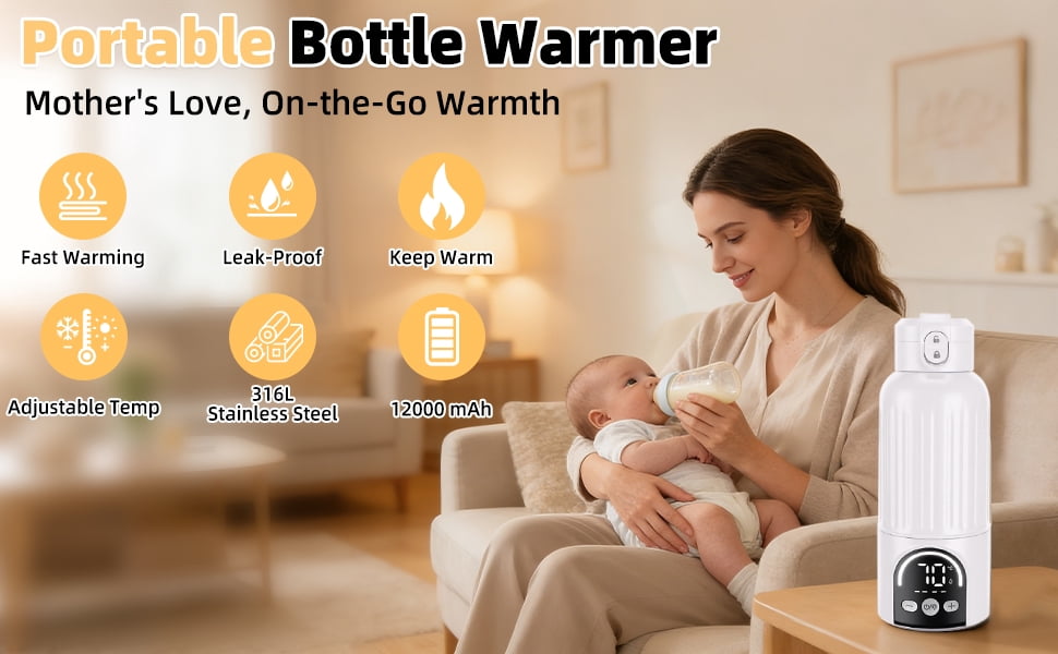 Portable Baby Bottle Warmer for Travel, 120W Fast Heating Breast Milk Warmer with 12000mAh Battery, 500ml, 2 Modes & Temp Control, On-the-Go Warmer with Cleaning Brush (White) for Newborns & Infants