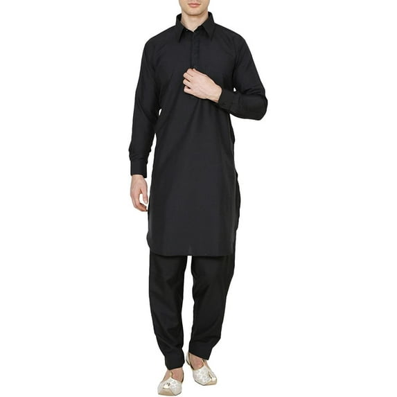 Royal Kurta Men's Polycotton Neck Thread Embroidered Pathani Suit Set (Standard)