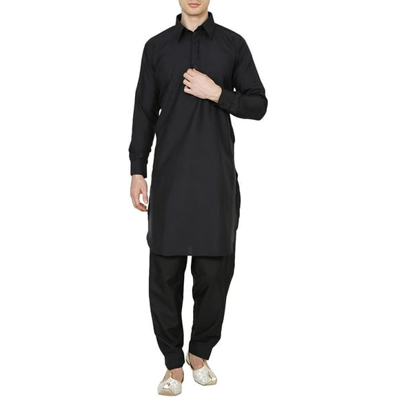 Royal Men's Classic Collar Cotton Blend Embroidered Pathani Suit