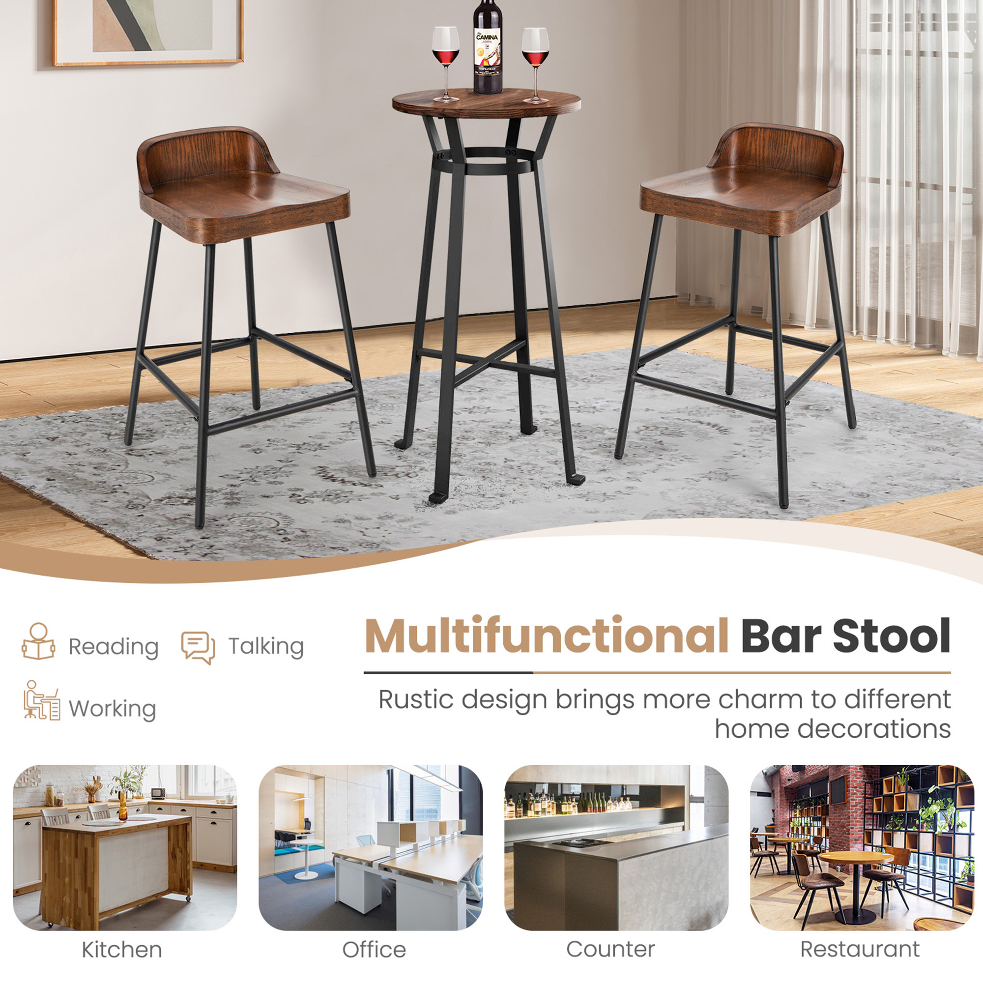 Gymax Fashion 2PCS 24.5'' Low-Back Bar Stool Industrial Counter Height Chair Stool