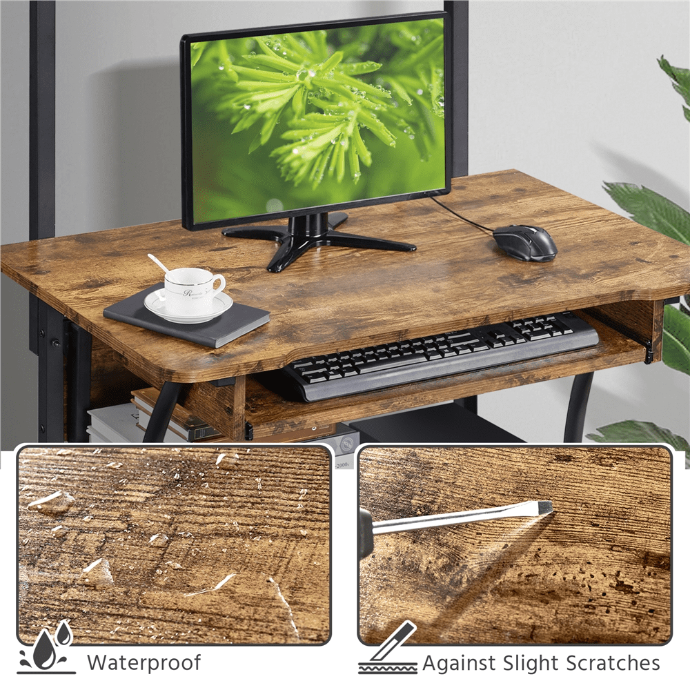 Fullfurnique Rolling 3-Tier Computer Desk with Detachable Top Shelf, Rustic Brown