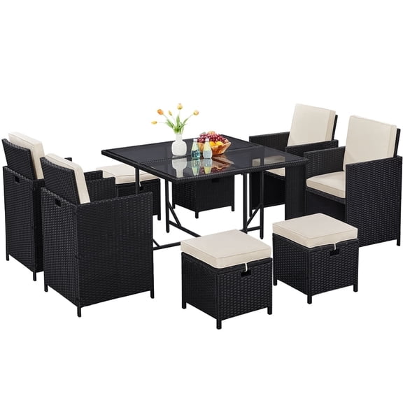 Yaheetech 9-Piece Wicker Patio Dining Set with Glass Table for Outdoor, Black/Beige