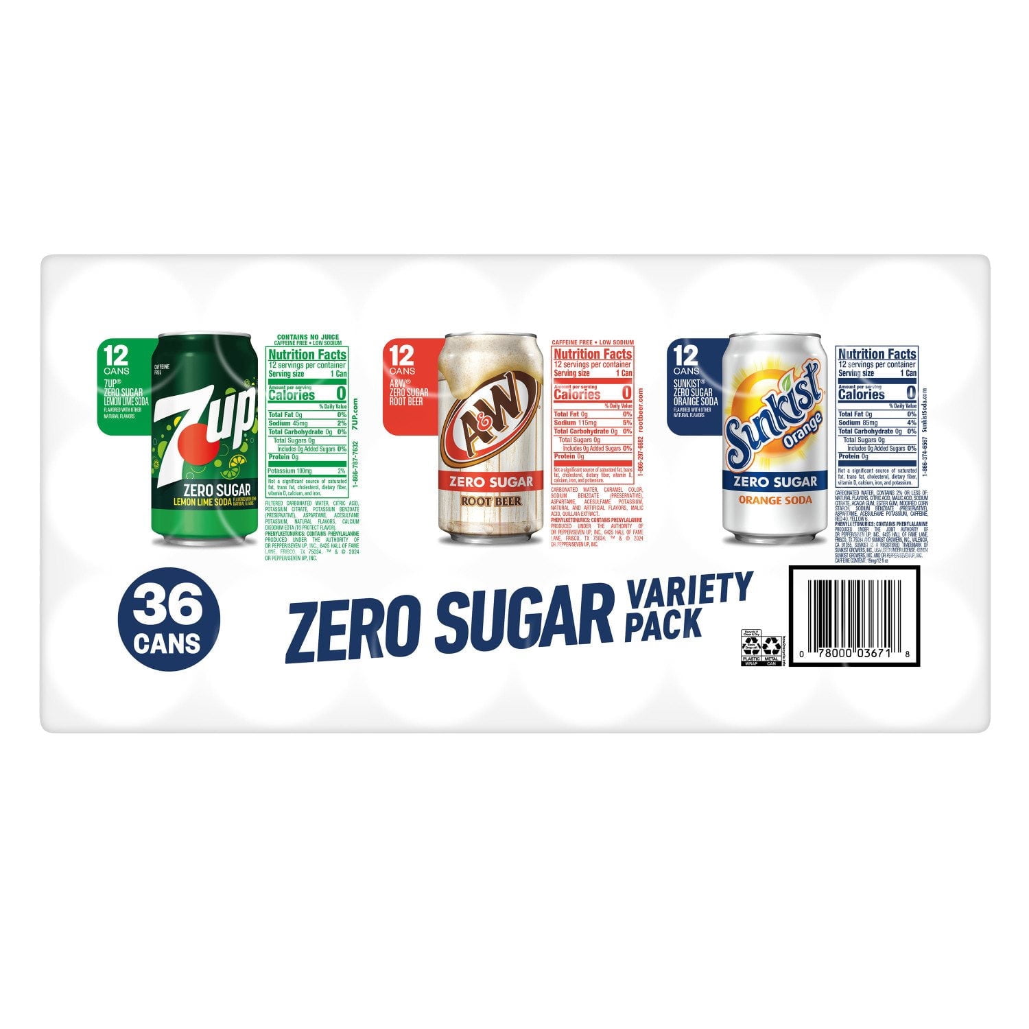 7UP, Sunkist & A&W Zero Sugar Soda Variety Pack, 12 fl oz Cans, 36 Pack – Zero Calories, Assorted Flavors