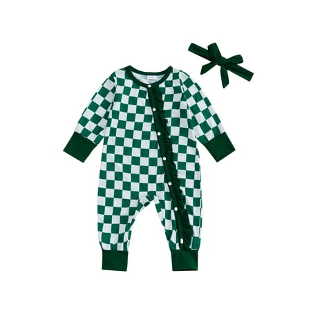 

Fanvereka Baby Girls Button Romper Ruffles Plaid Print Jumpsuits and Headband
