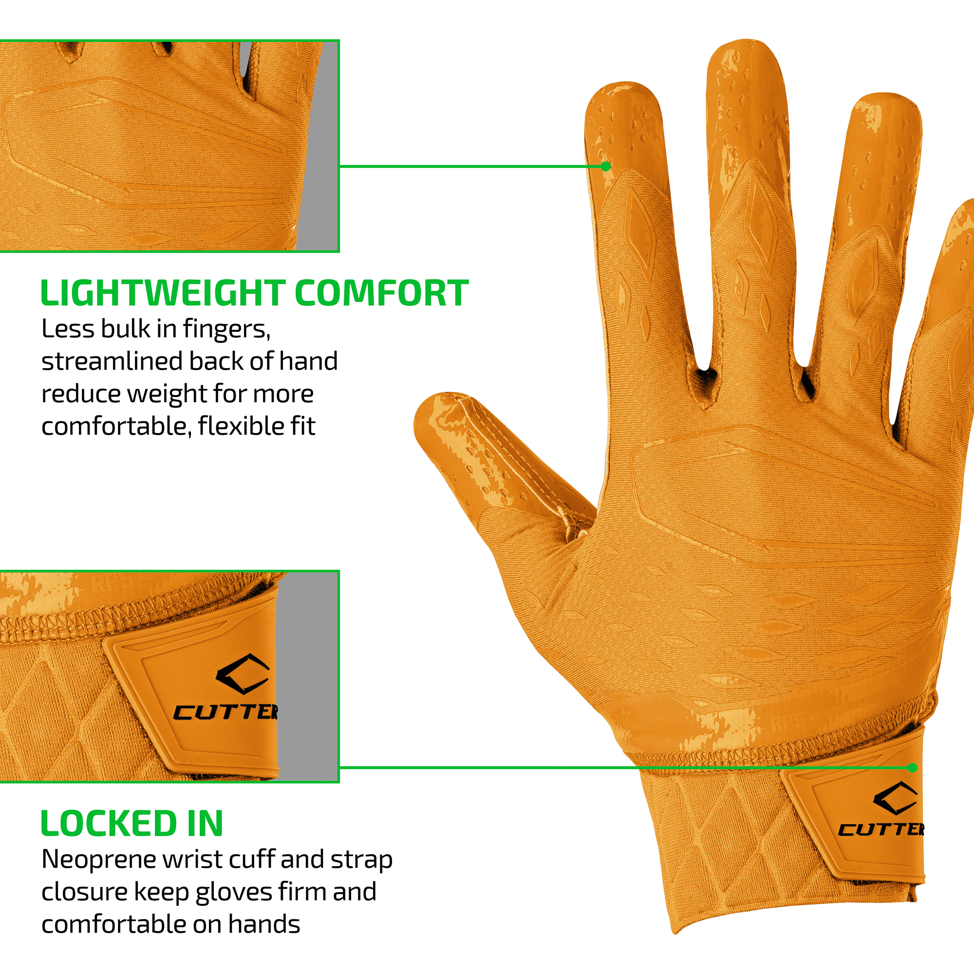 Cutters, Rev Pro 5.0 Football Receiver Gloves, Adult, M, Solid Gold