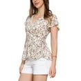 thumbnail image 4 of Allegra K Wrap Tops for Women's Floral Printed V Neck Slit Sleeve Tie Waist Peplum Blouse S Beige, 4 of 5