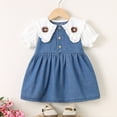thumbnail image 4 of Fengqque Girls Ruffled Peter Pan Collar Denim Dress Puff Short Sleeves Partial Front Buttons A-Line Casual Dress Blue-A 18-24 Months, 4 of 8