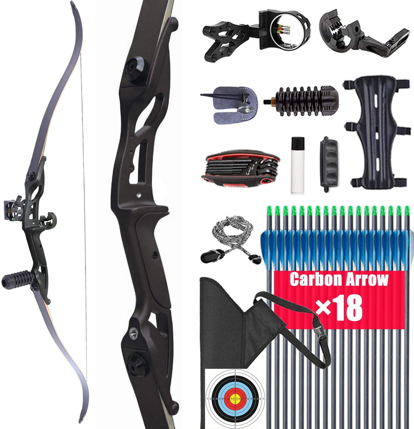 Archery Recurve Bow 66"-18/20lb Take Down Right Hand BlackULTIMATE PACKAGE 