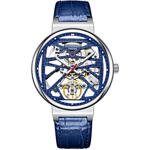 GUANQIN Mens Watches Mechanical Automatic Self-Winding Stainless Steel Case Genuine Leather Strap Skeleton Waterproof Luminous Wrist Watch for Men