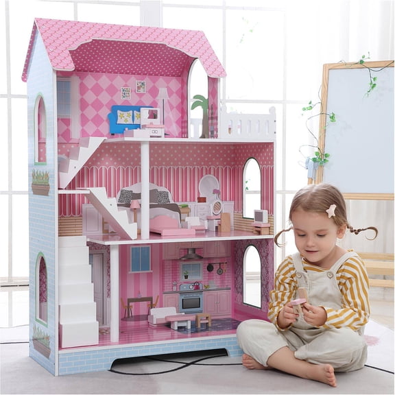 Wooden Dollhouse, 3 Tier Kids Playhouse with Furniture and Accessories, Toy for Children Age 3 and Up, Assembled Size 71 x 36 x 100cm