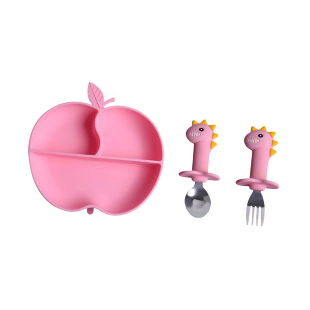 Placa de succión dividida,Juego de alimentación de silicona para bebés Tazón de alimentación,Plato con ventosa Plato de comida Bandeja Microondas,Cuchara y tenedor rosa B