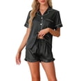 thumbnail image 1 of INSPIRAR CHIC Conjuntos de Pijamas de Satén para Mujeres, Conjuntos de Lounge de Seda, Camisa de Manga Corta con Botones, Pantalones Cortos con Volantes, Ropa de Dormir de 2 Piezas XL Negra, 1 of 6