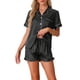 thumbnail image 1 of INSPIRAR CHIC Conjuntos de Pijamas de Satén para Mujeres, Conjuntos de Lounge de Seda, Camisa de Manga Corta con Botones, Pantalones Cortos con Volantes, Ropa de Dormir de 2 Piezas, 2XL Negro, 1 of 6