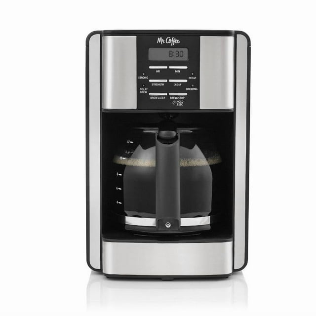 Cafetera Mr. Coffee programable para 12 tazas, color negro y acero inoxidable