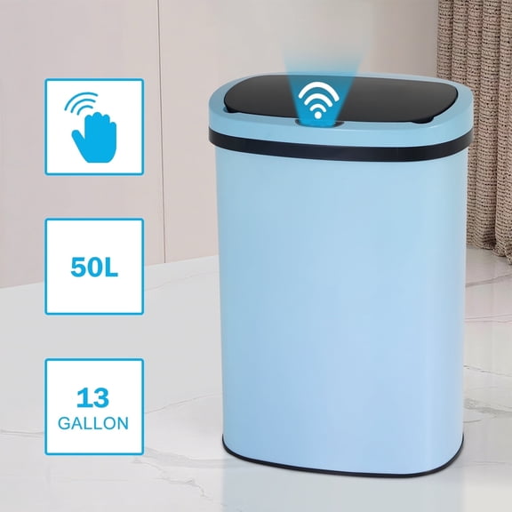 13 Gallon Trash Can Automatic Kitchen Garbage Can with Lid Touchless Sensor Waste Bin Slim No Touch Stainless Steel Trash Can for Home, Living Room, Bedroom, Office (Blue)