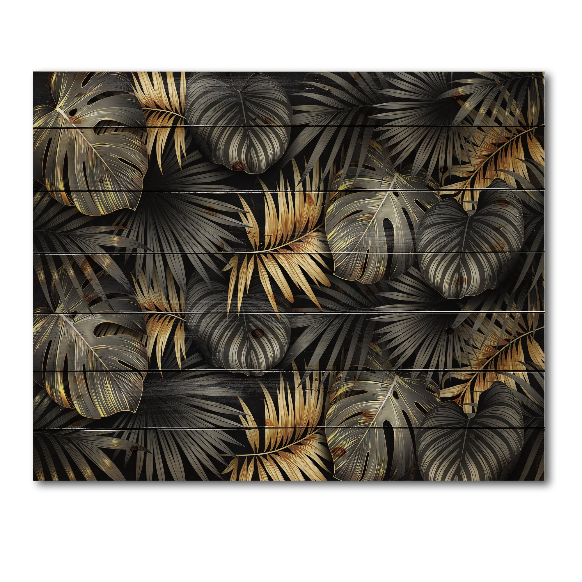 Designart 'Gold and Black Tropical Leaves II' Modern Print on Natural Pine Wood