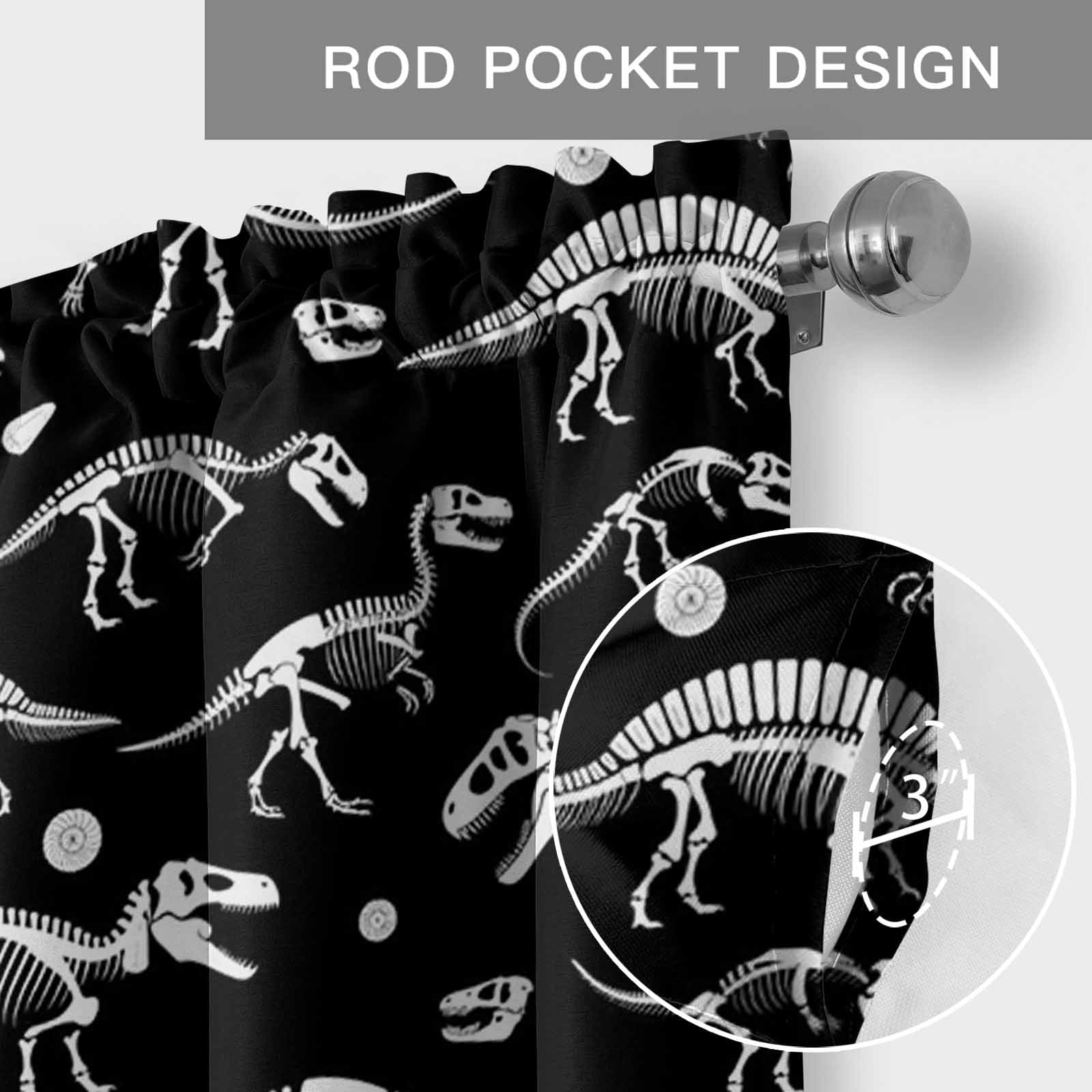 Halloween Dinosaur Black Kitchen Valances for Windows, Funny Dino Skull Boys Girls Children Bathroom Window Valances 60x18 Inch Window Treatments Valance Curtains for Living Room Bedroom Decor