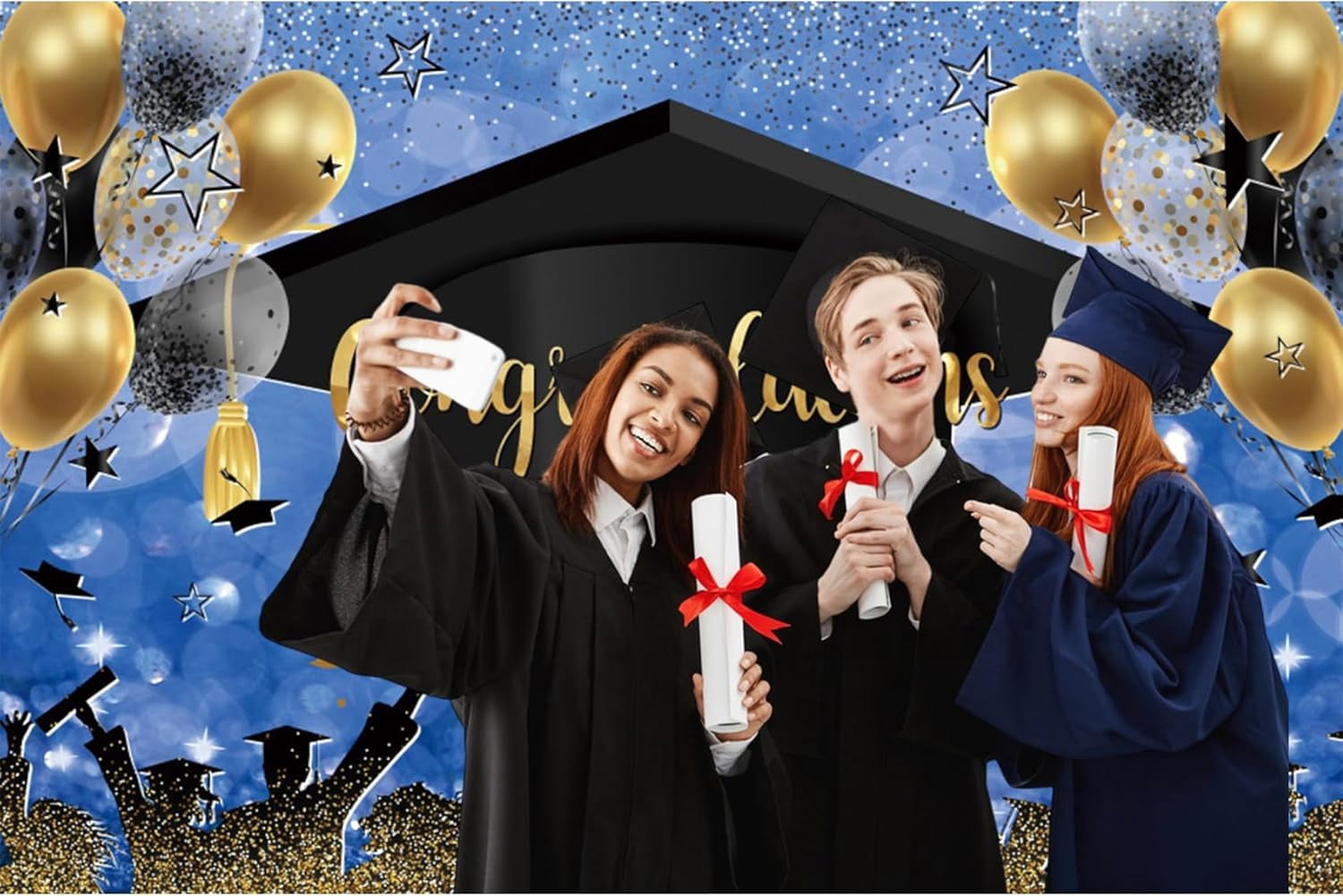 10x8ft Graduation Backdrop Class of 2024 Blue Gold Congratulation Graduates Prom Background Gold Balloons Bachelor Cap Congrats Grad Party Blue Decoration Banner Photo Booth Props