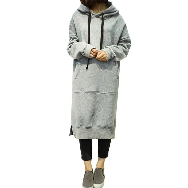 Las nuevas mujeres sueltan el vestido largo con capucha de la sudadera Los bolsillos sólidos larg Romacci Vestido
