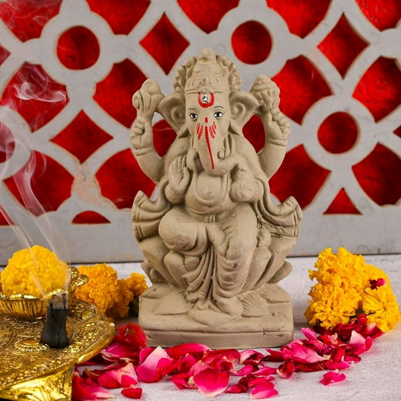  Mitti Ganesh Idol | Eco-Friendly Handcrafted Mud/Clay Ganesh Murti | Ganpati Figurine for Visarjan | Biodegradable Lotus Ganesha Statue | Ganesh Chaturthi