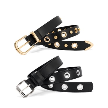 Vorliqent 2PC Women's Belts Grommet Rivet Studded Belt with Golden&Silver Buckle Leather Belt for Jeans Dresses